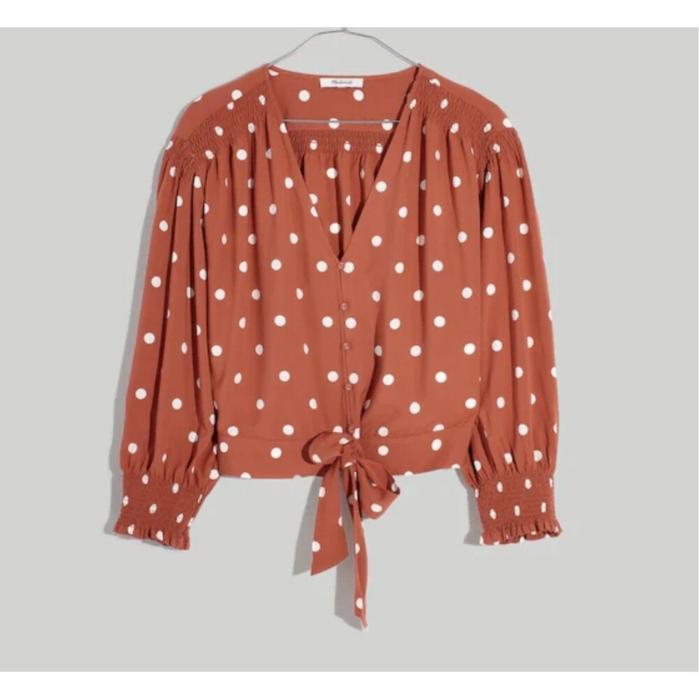 Madewell Small Tie-Front Polka Dot Brown White Smocked Cuffs Blouse Size 4